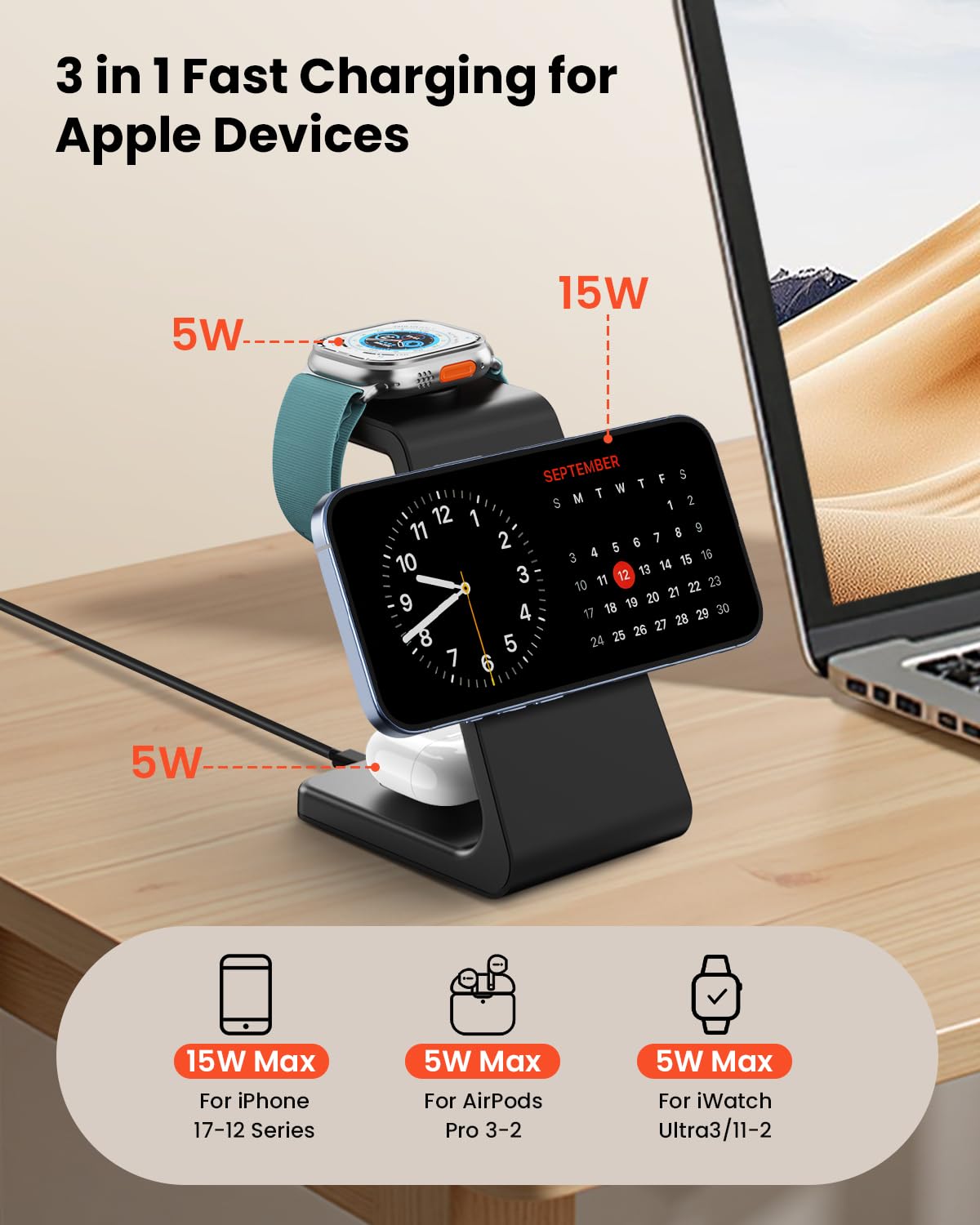 GEEKERA Station de charge sans fil 3 en 1 compatible avec MagSafe, certifié Qi2 15 W, chargeur magnétique sans fil rapide, pour iPhone 16/15/14/13/12, Apple Watch, AirPods 4/3/Pro