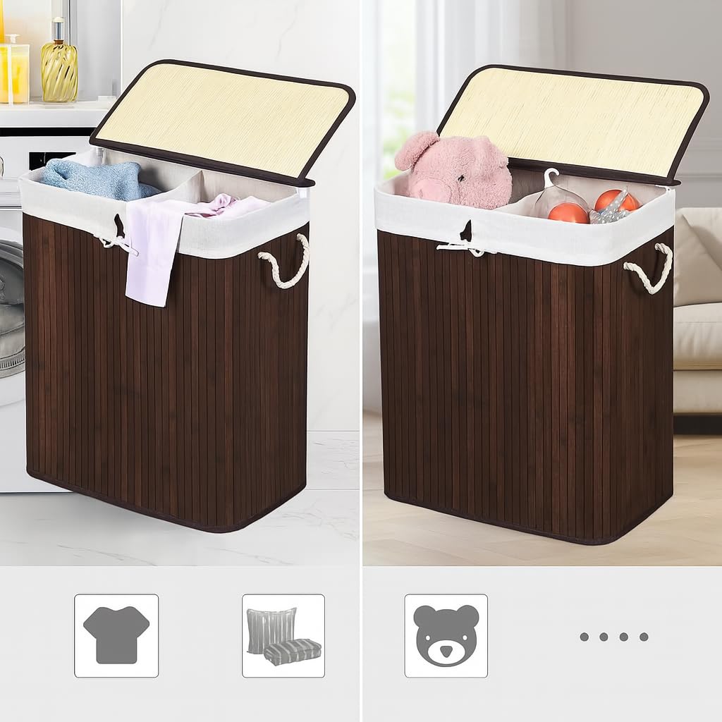 Panier à linge en bambou, 72 L – Collecteur de linge avec 2 compartiments – brun, avec couvercle et fermeture éclair – pour linge clair et linge foncé – pour salle de bain, chambre ou buanderie (Brun)