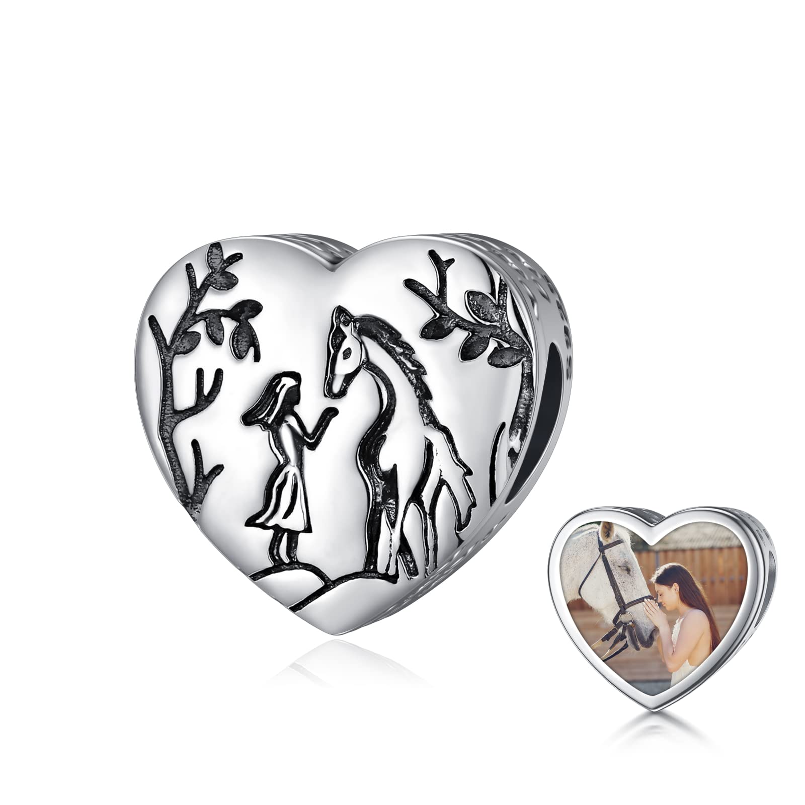 LONAGO Personalisierter Foto Charm 925er Sterling Silber Schmetterlings Pfau Pferd mit Mädchen Perlen Charm für Charm Armbänder