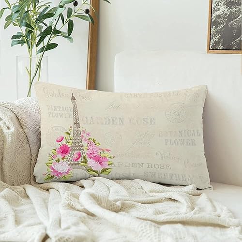 Funda de almohada lumbar rectangular decorativa, diseño de arquitecto rosa, torre de metal Eiffel, Simbol, flores florecientes de primavera, disponible en Yaxa Costa Rica