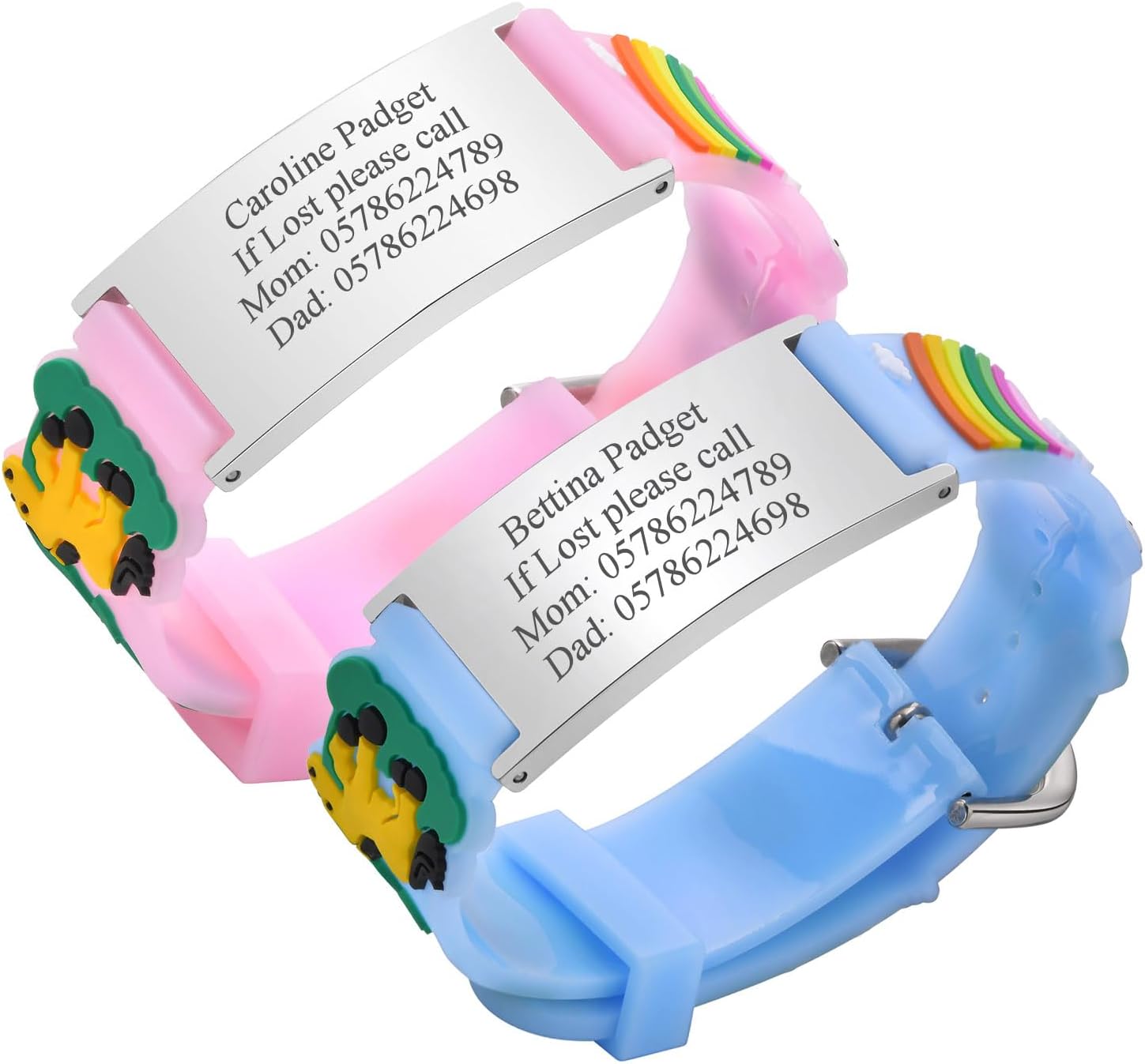 Pack of 2 Assorted Color Personalised Stainless Steel Soft Silicone Child Safety ID Bracelets Adjustable Anti-Lost ID Wristbands for Kid Girls Boys