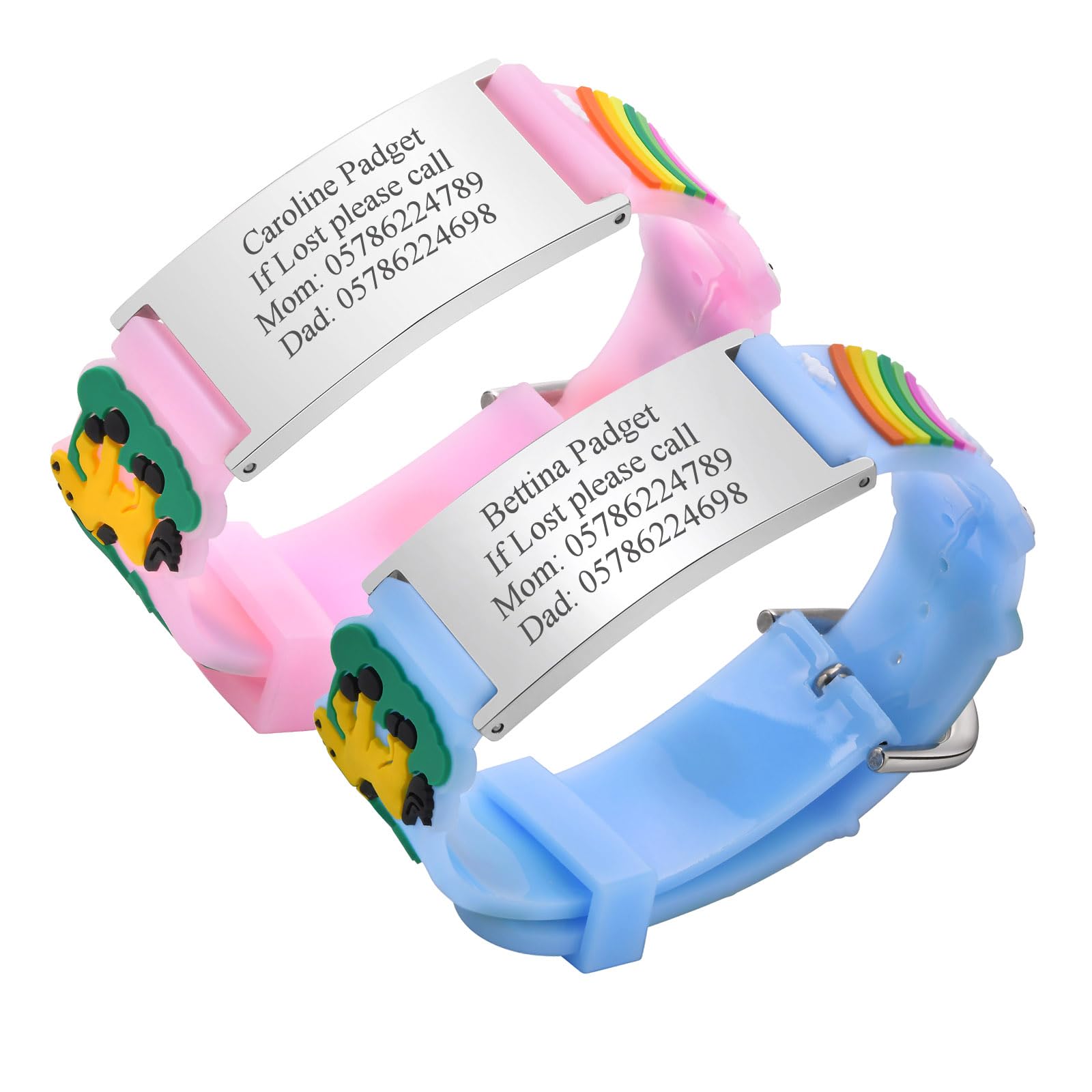 Pack of 2 Assorted Color Personalised Stainless Steel Soft Silicone Child Safety ID Bracelets Adjustable Anti-Lost ID Wristbands for Kid Girls Boys