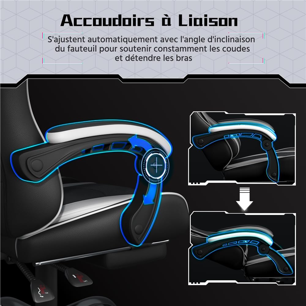 Yaheetech Chaise Gaming Ergonomique Massante avec Repose-Pieds Inclinable Rembourré en Similicuir, Fauteuil de Bureau avec Appui-tête et Support Lombaire Roues Pivotantes Blanc