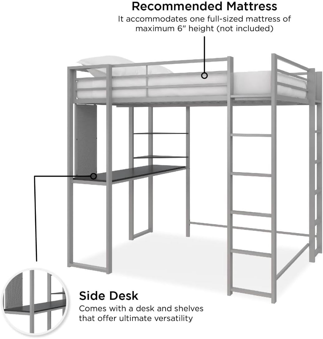 DHP Abode Loft Bed showing recommended mattress and side desk