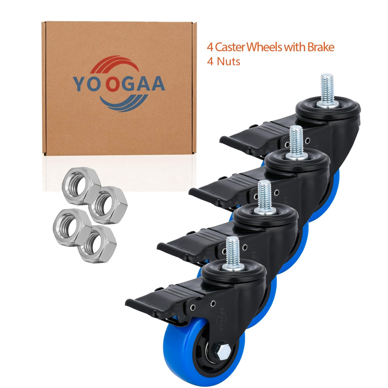 3 Inch Caster Wheels 1000Lbs Threaded Stem Casters Set of Heavy Duty 1/2"-13 x 1 Safety Dual Locking Industrial Castors for Shelving Cart Furniture (Stem Diameter 1/2", Length 1")