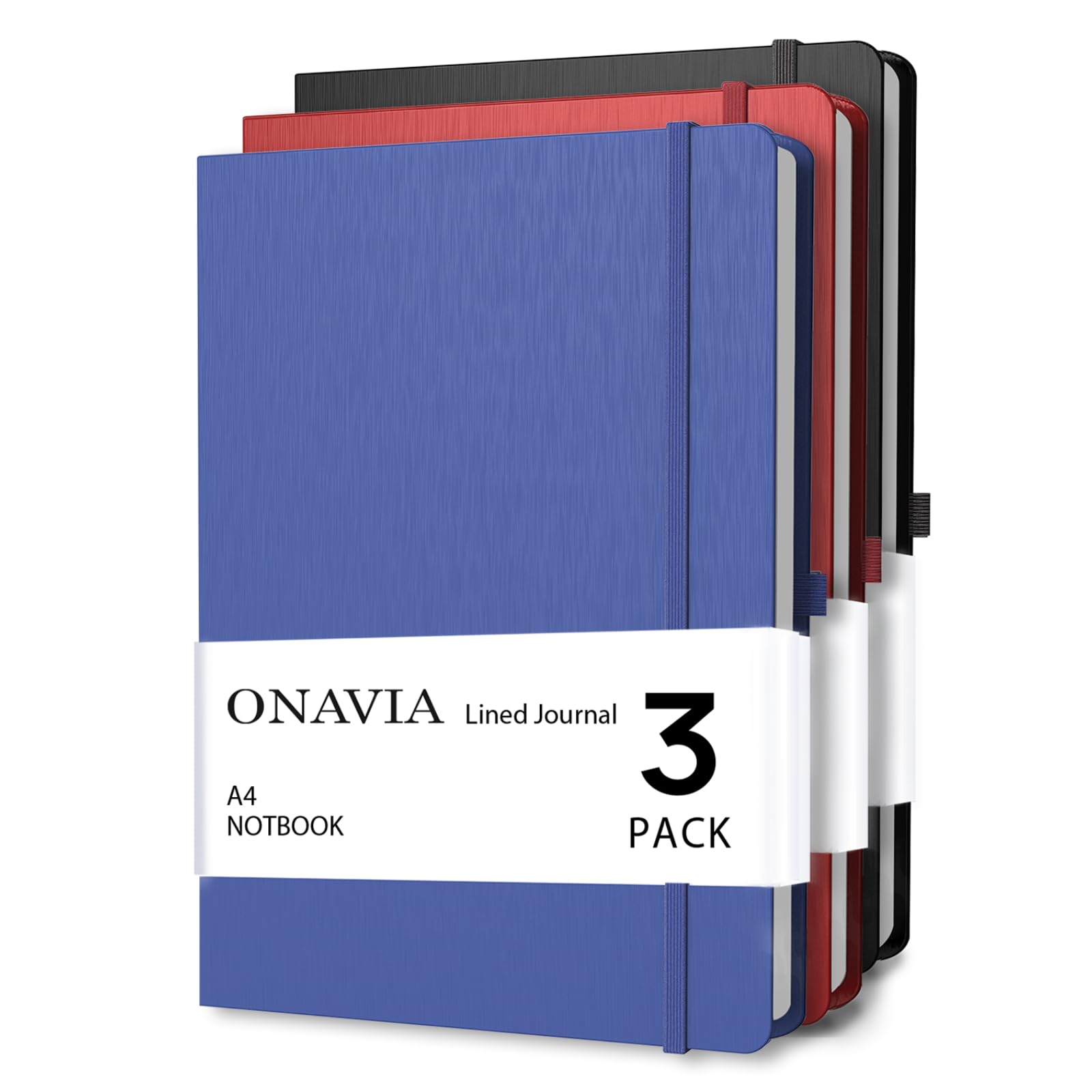 ONAVIA A4 College Ruled Notebook 3 Pack, 8.5" x 11", Hardcover Lined Journals for School Notes, Study, Homework, Class Writing and Journaling, 160 Pages (80 Sheets), Black, Red, Blue