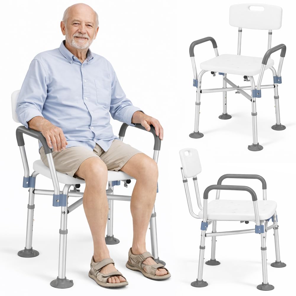 BAKAJI Sgabello da Doccia con Schienale e Braccioli, Struttura Alluminio e Seduta Ergonomica in HDPE, Sedile da Bagno per Anziani, Disabili e Persone con Mobilità Ridotta, Regolabile Altezza 78–88cm