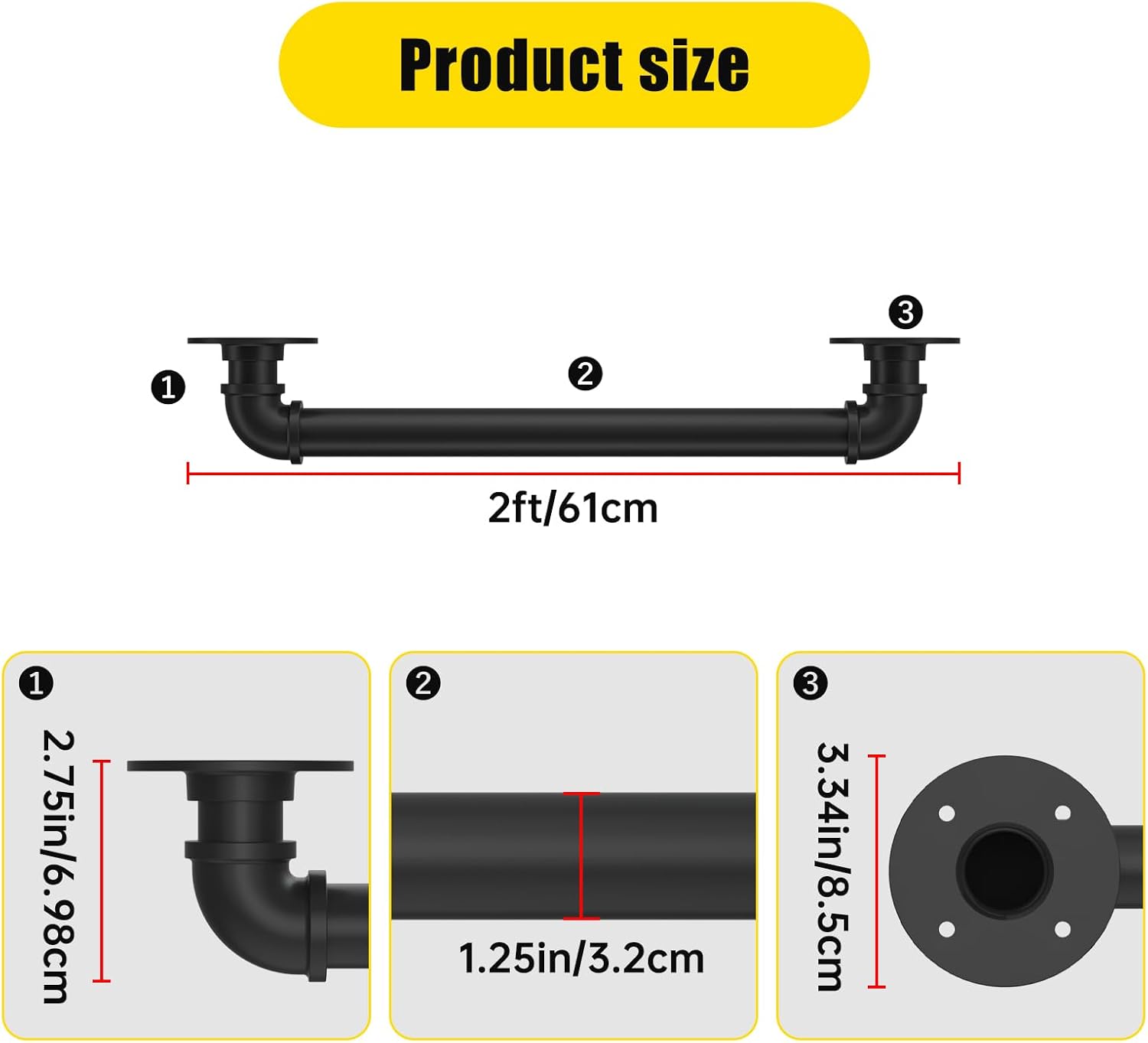 2FT Industrial Staircase Handrail,Staircase handrail for Outdoor and Indoor Stairs Loft Porch HandRail (2Feet) Steps Black Iron Pipe.