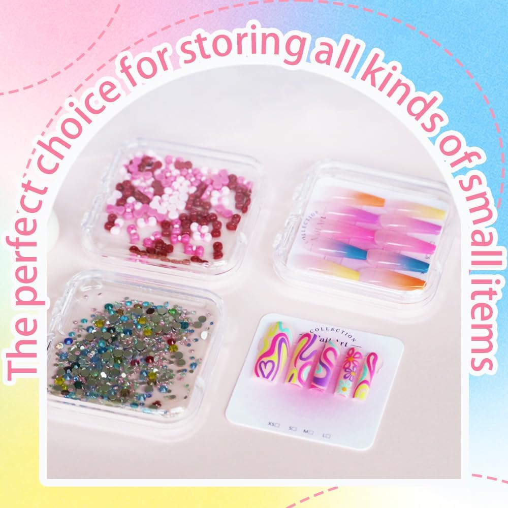 15PCS press-on nail storage set includes 1 Clear Organizer, 14 Nail Display Case Fake Nail Instructions and Double Sided Adhesive Artificial False Nail Box Acrylic Organizer Nail Case