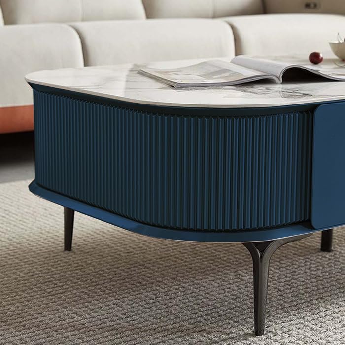 Image of WOODEN SPACE Premium Marble-Top Wooden Center Table for Living Room | Iron Legs | PVD Coating | Modern Entryway Furniture | Coffee Table - 42X24X18 in (Royal Blue)