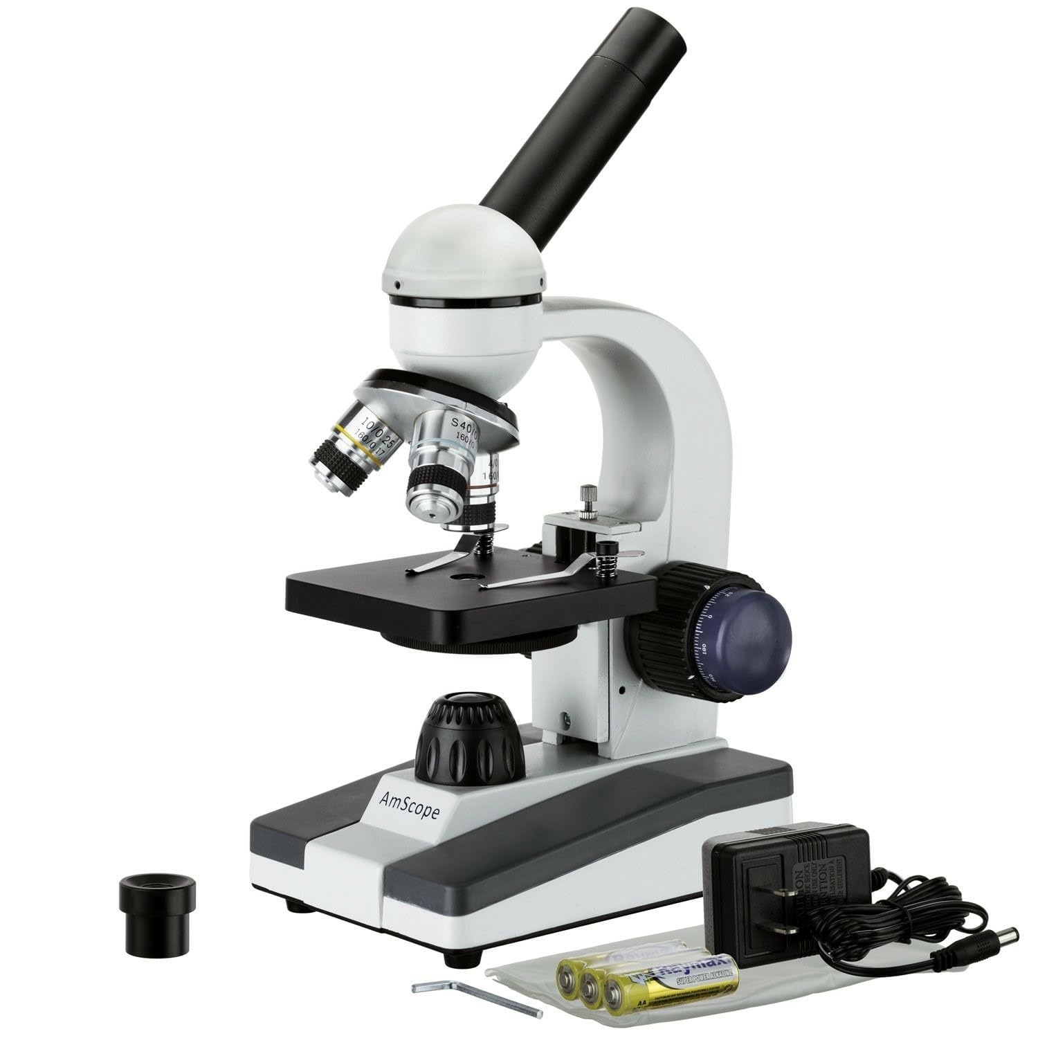 AmScope - Microscopio Composto, per Studenti, con Ingrandimento 40X-1000X, Telaio in Metallo e Lenti in Vetro, Senza Fili, Illuminazione a LED - M150C