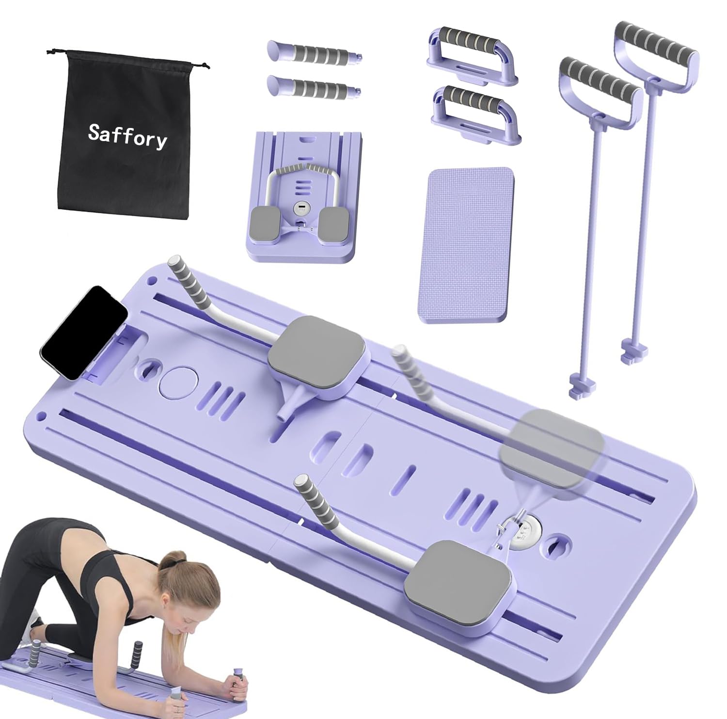 Saffory Foldable Pilates Reformer Board Set - 5 in1 Portable Pilates Machine with Auto-Rebound, Resistance Bands, Knee Pad, Timer & Phone Holder, Multifunctional Core & Abs Full-Body Trainer (Purple)