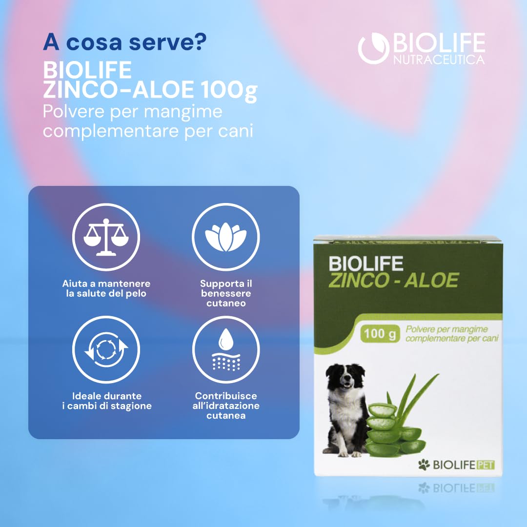 BIOLIFE Integratore per cani in polvere di succo di carota, Aloe vera e Zinco 100g | Mangime Complementare, integratore cani sistema immunitario, benessere naturale.