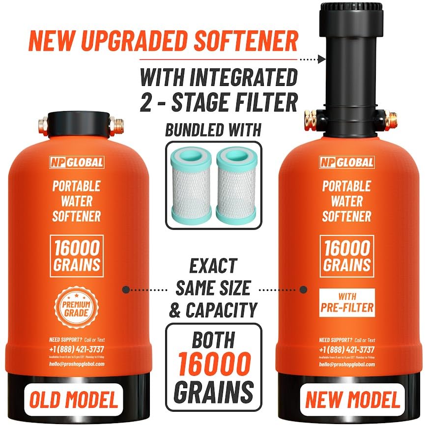Miniatura 2 de Suavizador de agua portátil para autocaravana con sistema de filtro de agua integrado de 2 etapas, 16,000 granos, accesorios GHT de 34 pulgadas,
