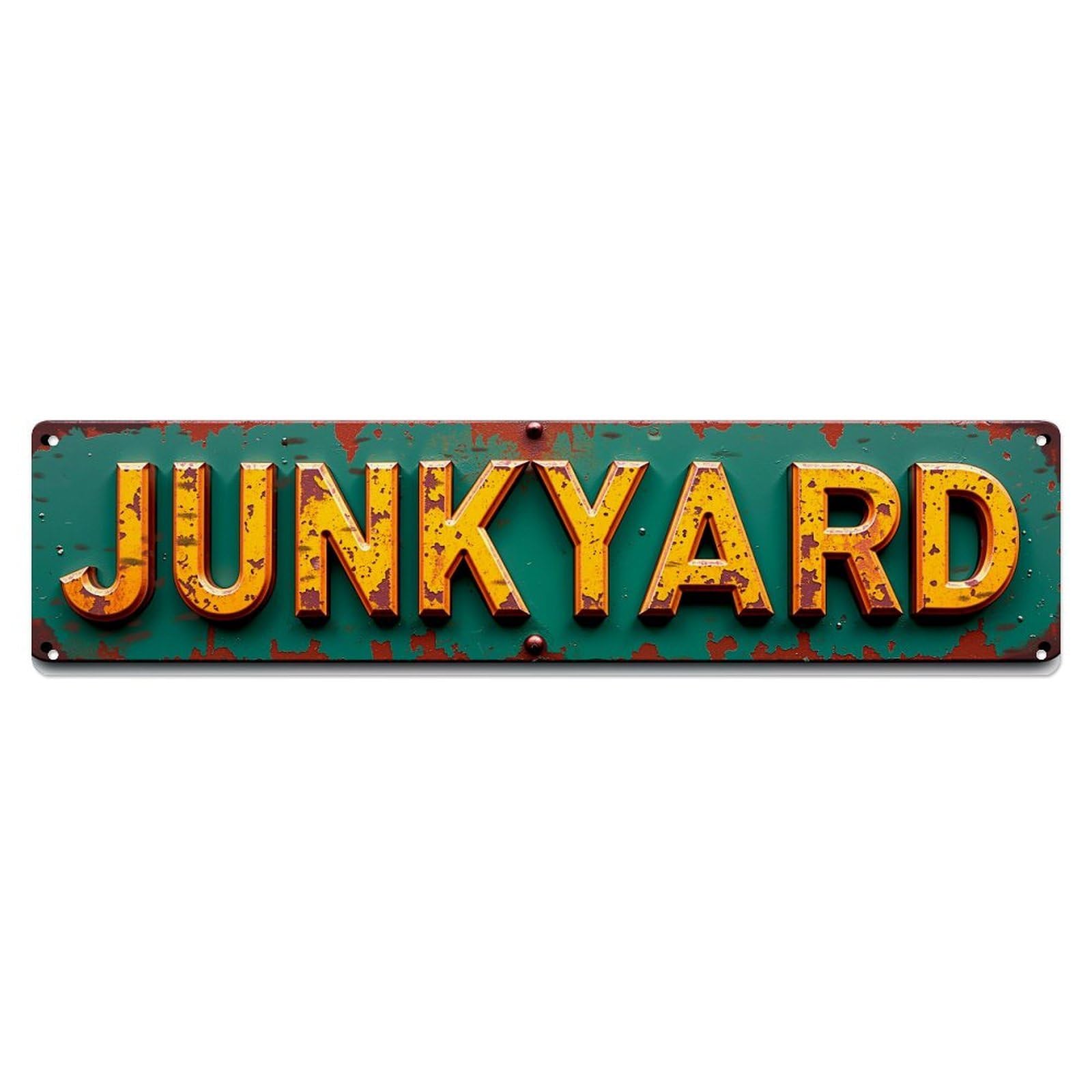 Rusty Junkyard Sign Pattern Vintage Metal Tin Sign Retro Wall Decor for Home Bar Garage Cafe, Indoor & Outdoor Decorative Metal Poster, 4x16 Inch