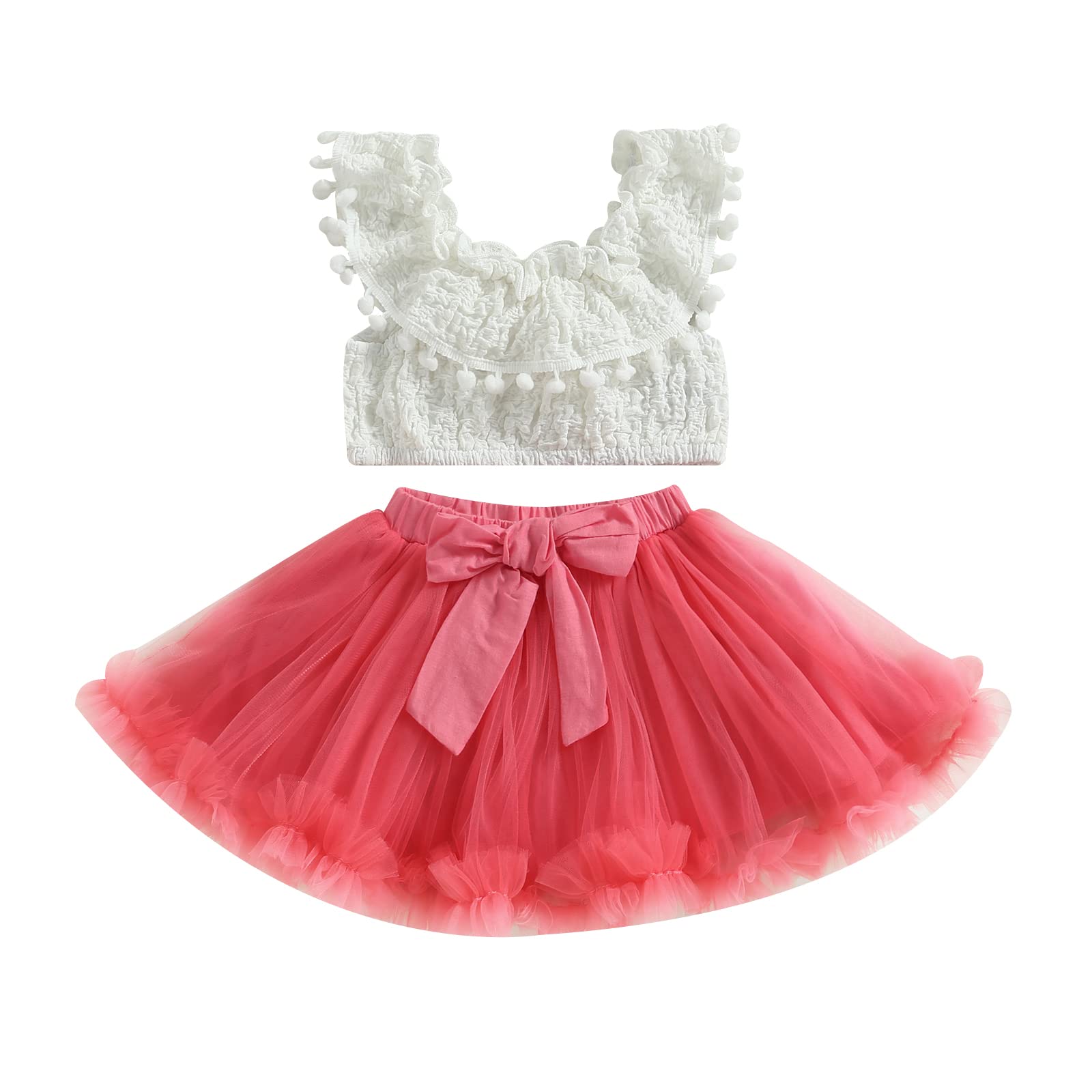 VISGOGO Kids Girl Summer Outfit Solid Color Casual Sleeveless Tops Plush Ball and Elastic Mesh Tulle Skirt Set (White, 18-24 Months)