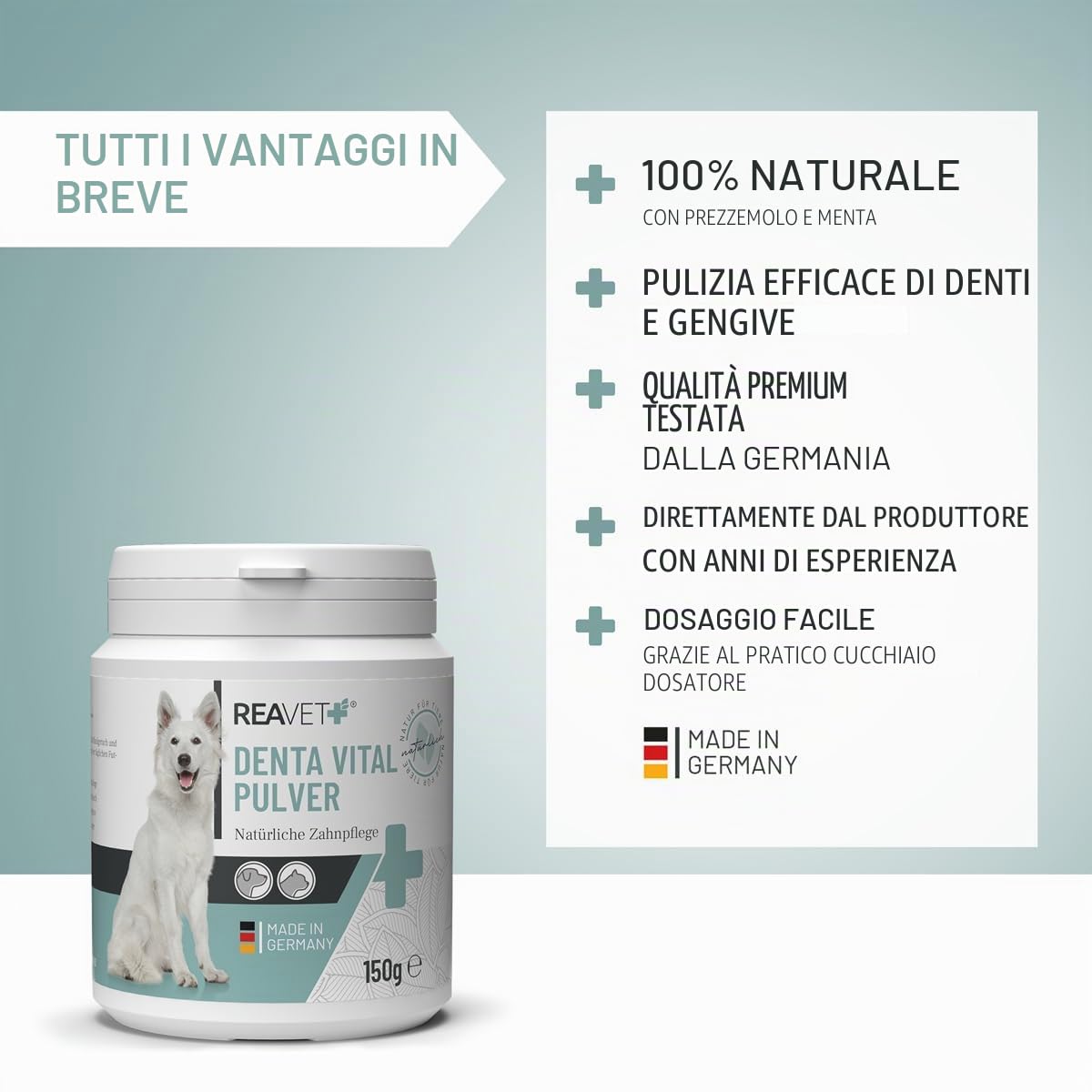 ReaVET Denta Vital - Cure dentali in polvere per cane e gatto, 150 g, contro tartaro e alito cattivo