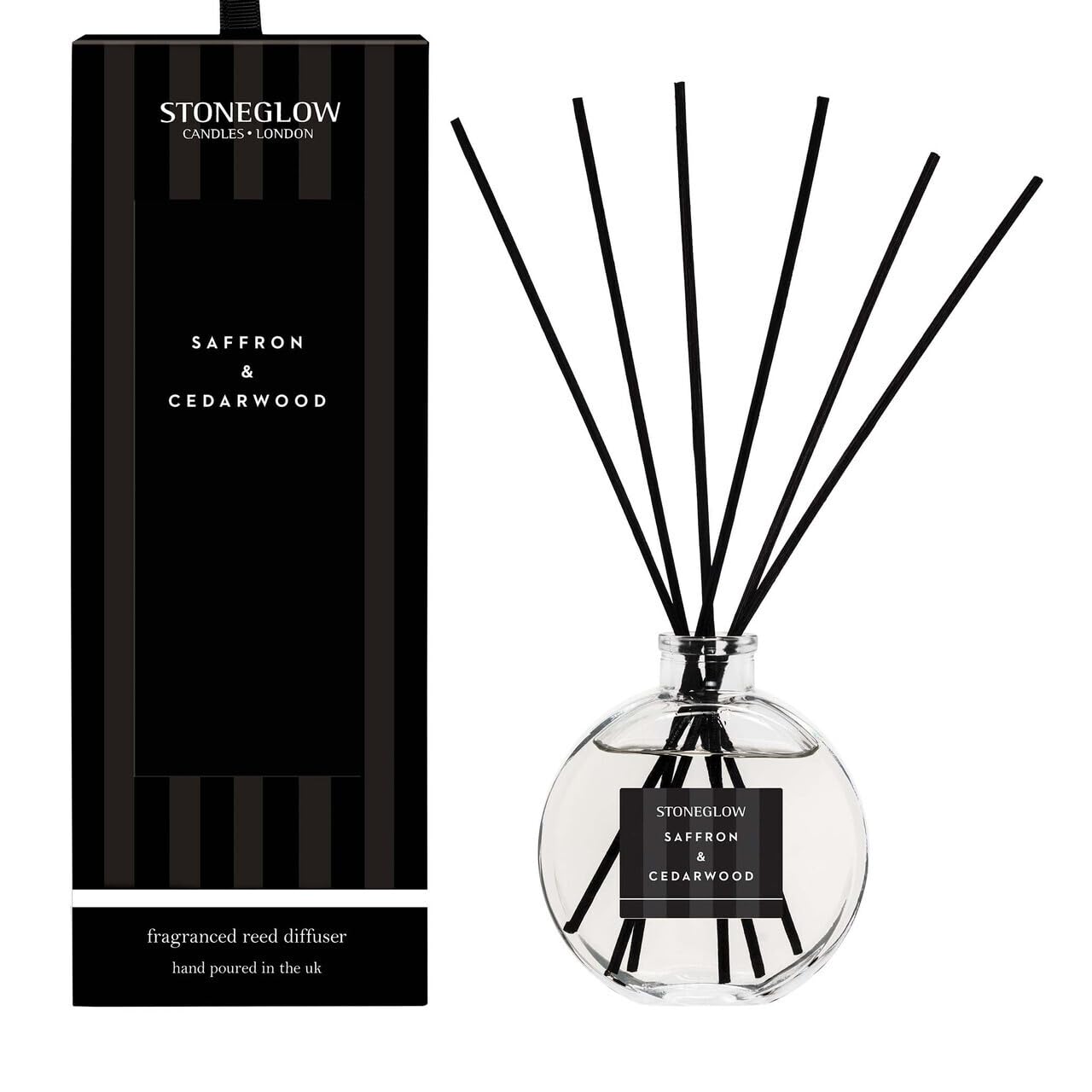 Stoneglow Modern Classics Saffron & Cedarwood Scented Reed Diffuser 120ml with Mimosa & Orris, 12 Rattan Reed Diffuser Sticks, Lasts 10 Weeks, Refillable Home Fragrance, Made In The UK