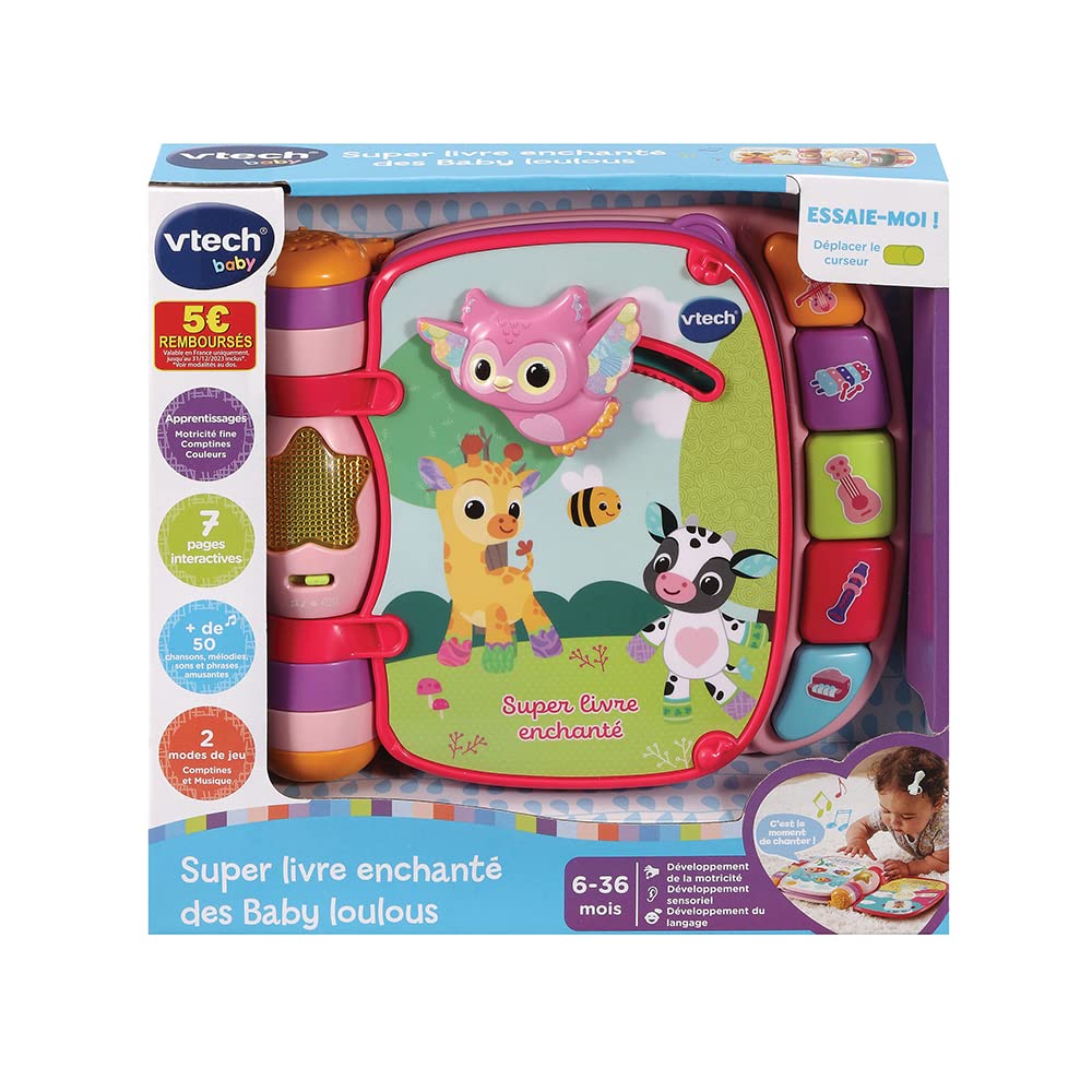 VTech - Super Livre Enchanté des Baby Loulous Rose, Livre interactif Bébé - 6 /36 Mois - Contenu en Français