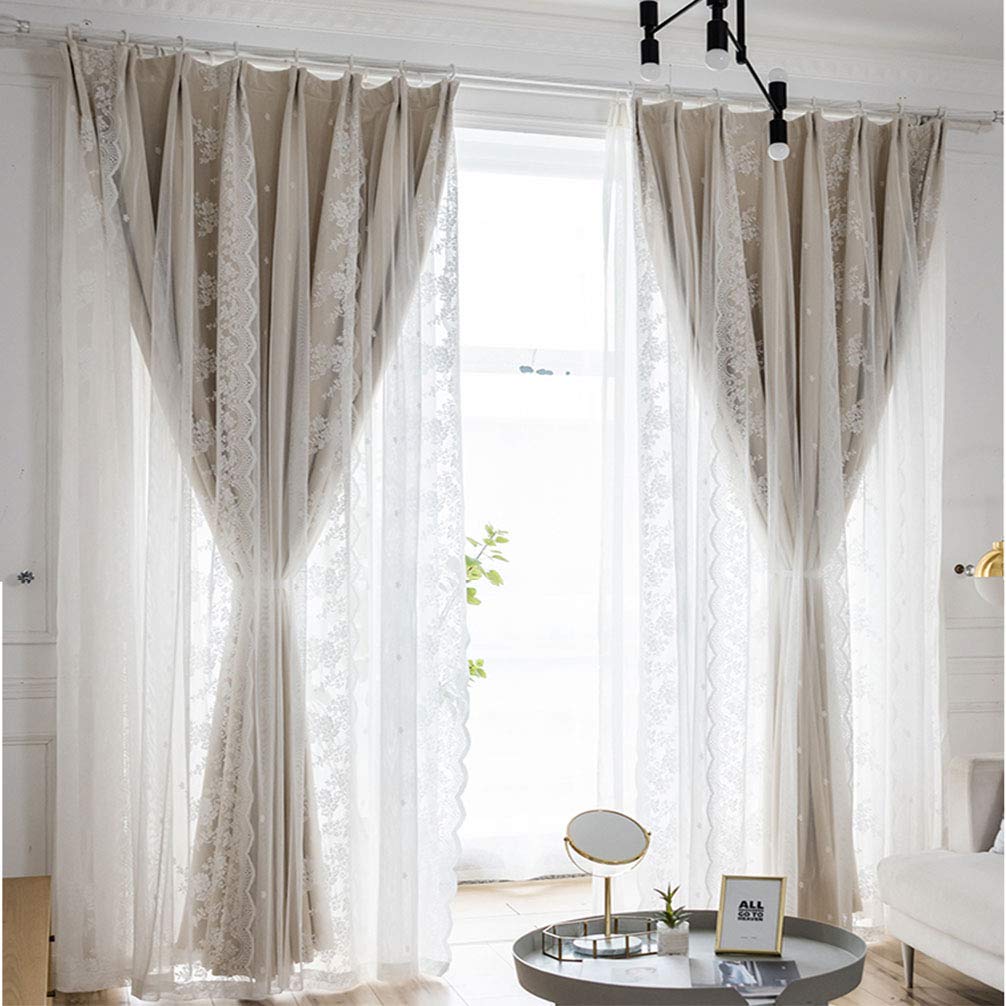 Rideau occultant double couche avec tulle brodé et plis crayon pour salon