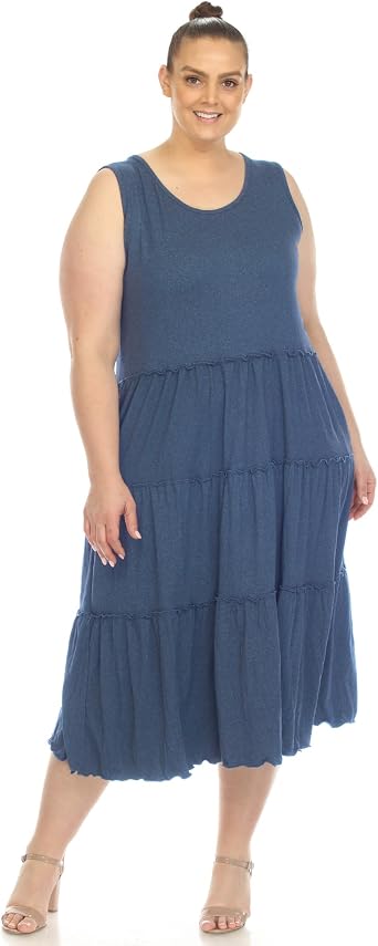 white mark Womens Plus Size Scoop Neck Tiered Midi Dress