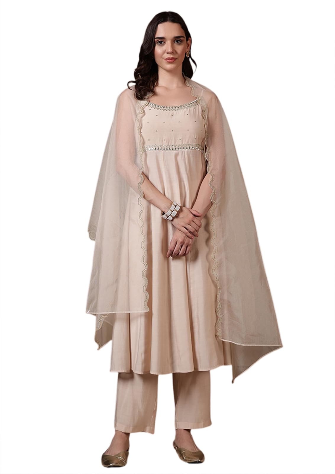 fiorra Women Off-White Viscose Chanderi Embroidered A-Line Kurta Set with Dupatta-picture-37