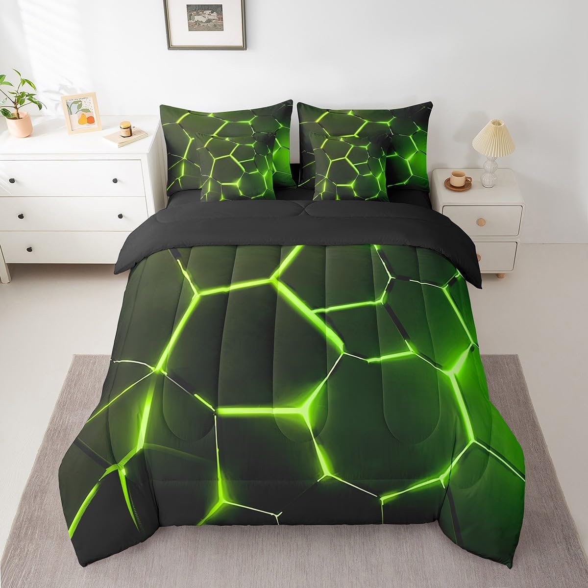 Feelyou Honeycomb Bed in a Bag Set, 7-Piece Hexagonal Ombre Blue Purple Bedding Twin Size, 2 Pillowcases, 2 Cushion Covers,1 Comforter, 1 Fitted Sheet, 1 Flat Sheet, All Seasons, Bedding