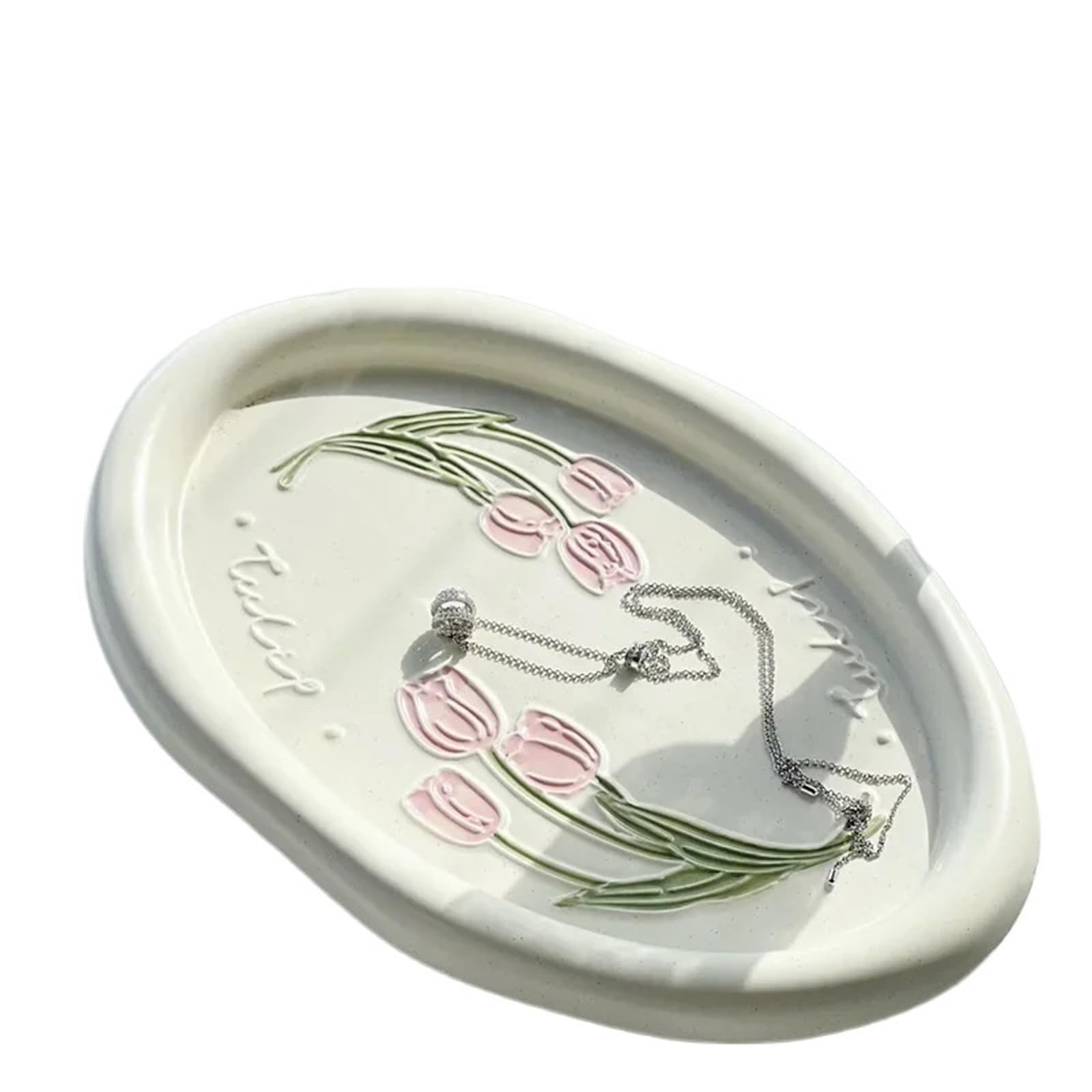 QXBFNDC Ceramic Jewelry Dish Ceramic Jewelry Tray Relief Tulip Exquisite Plate Dessert Photo Display Dish(Style 02)