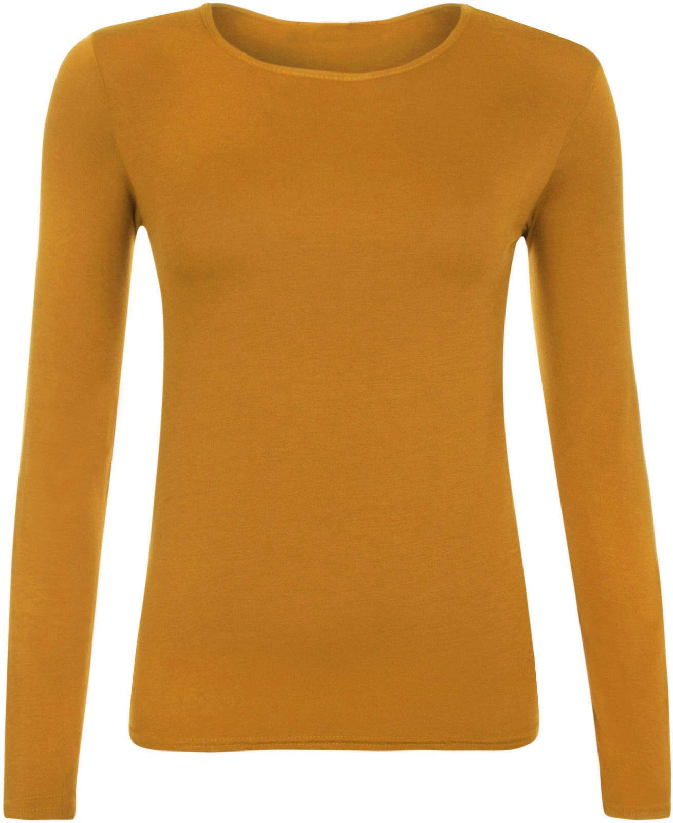 Ladies Women Basic Long Sleeve Plain Round Neck Ladies Stretch Plus Size Top T Shirt (Mustard, XXL)