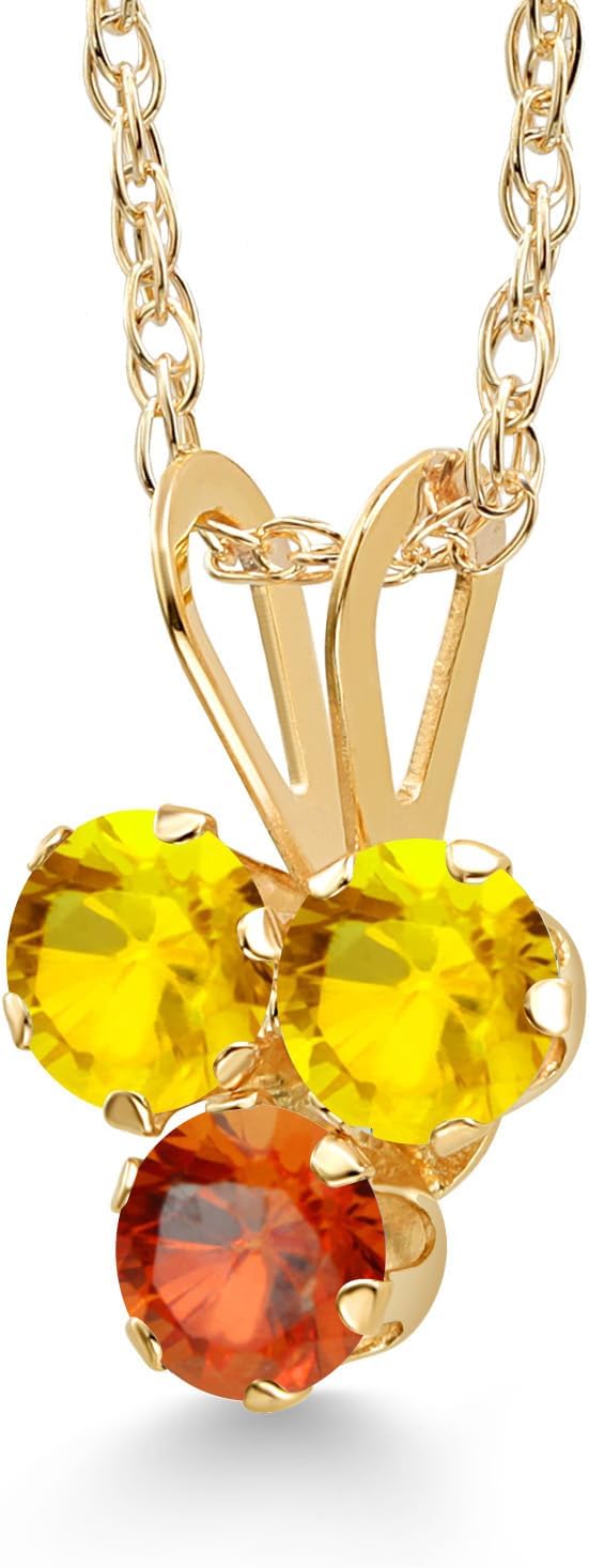Gem Stone King 14K Yellow Gold Yellow Sapphire and Orange Sapphire 3-Stone Pendant Necklace For Women (0.43 Cttw, Gemstone September Birthstone, Round 3MM, 18 Inch Chain) - Image 2