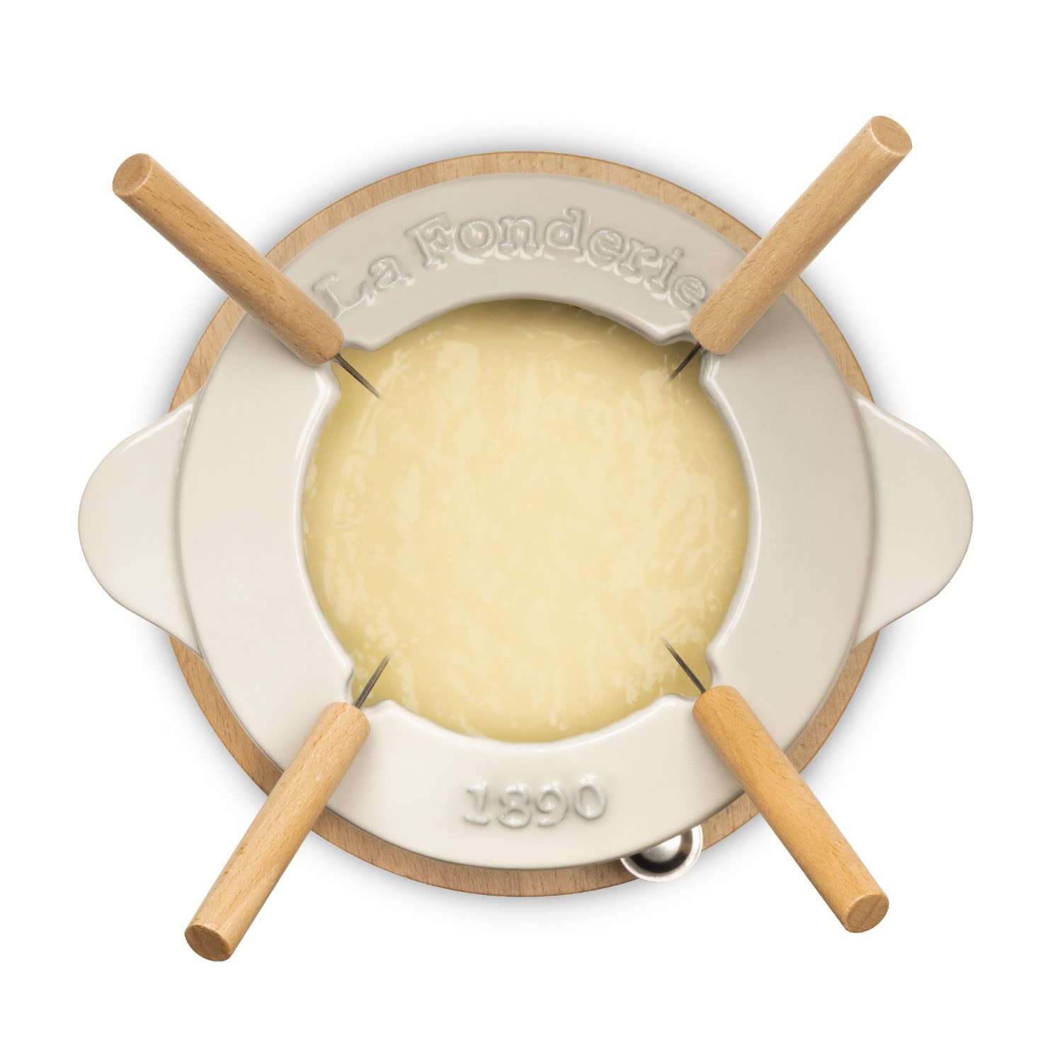 Set per fonduta in ghisa per 4 Persone Mont Joly, per fondute di Formaggio e Cioccolato, Coperchio antischizzi, 4 forchette con Manici in Legno di faggio, capacità 1,2 L, Beige
