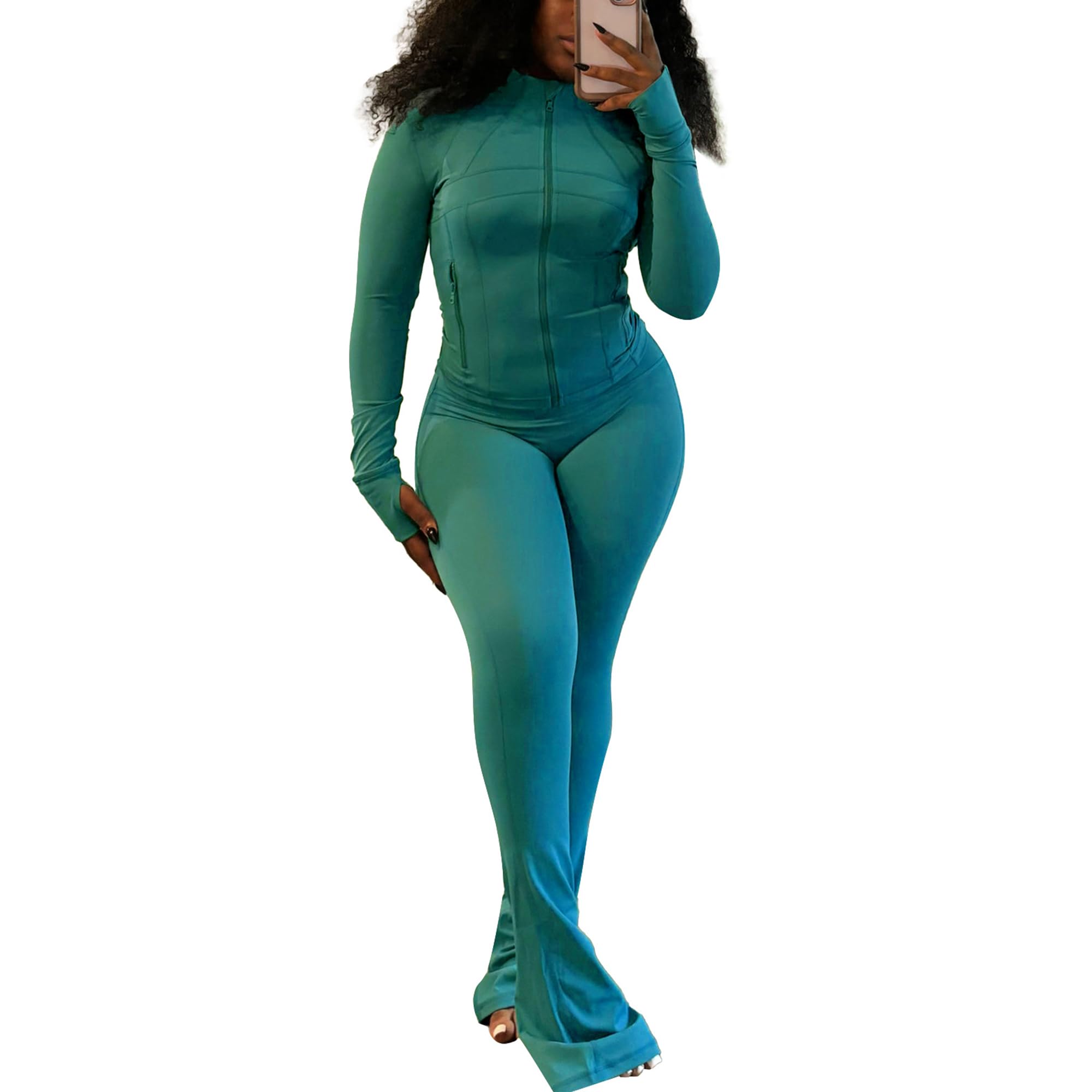 Molilove Womens 2 Piece Outfits Lounge Sweatsuit Set Long Sleeve Zipper Crop Jacket Long Flare Pants Tracksuits Workout Set