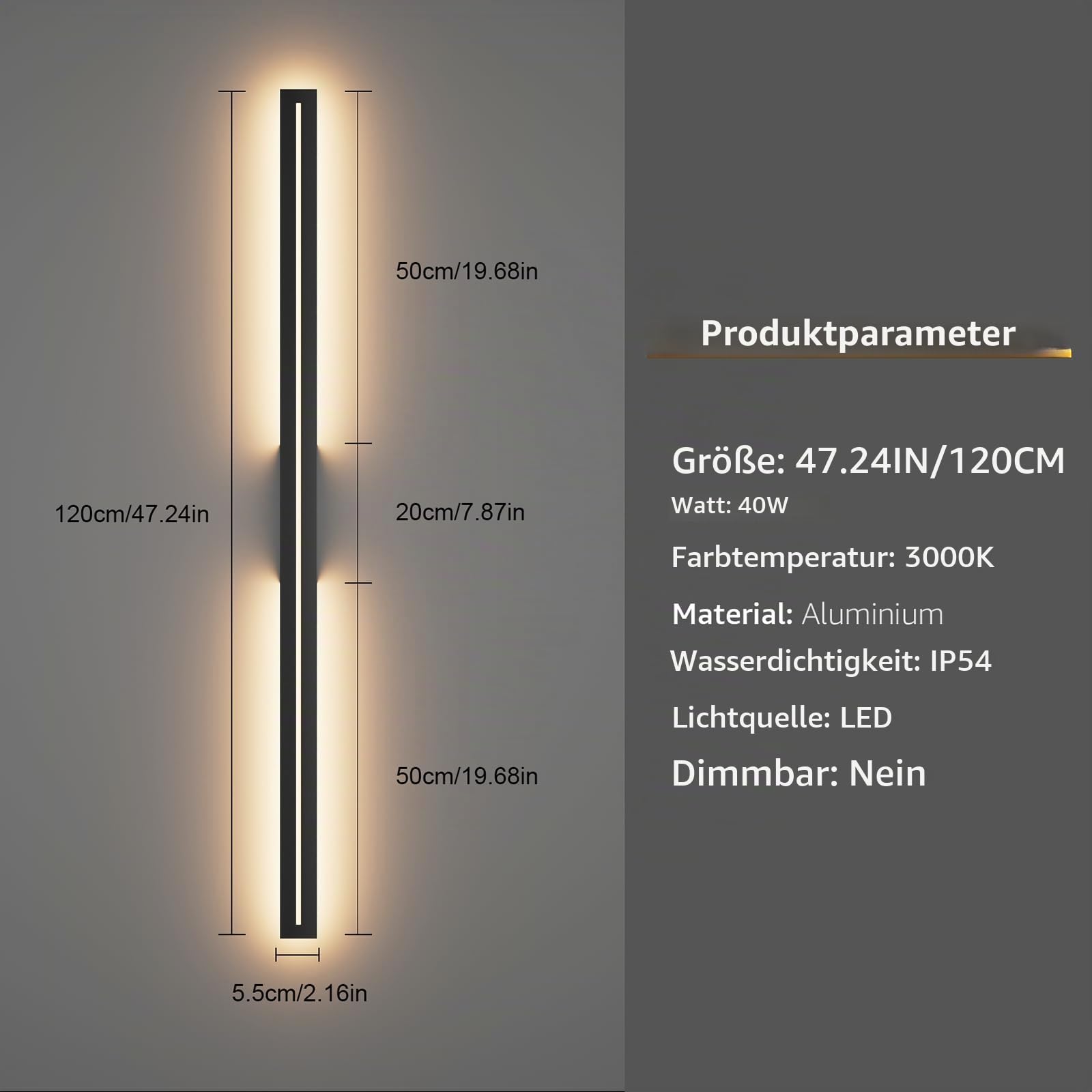 K-Bright 40W Lange Aussenlampe Modern Wandleuchte Warmweiß 3000K, Schwarz | Wasserdicht IP54, Aluminium Außenwandleuchte für Für Gärten, Terrassen, Wohnzimmer, Korridor, Treppen, 120CM/47.24IN