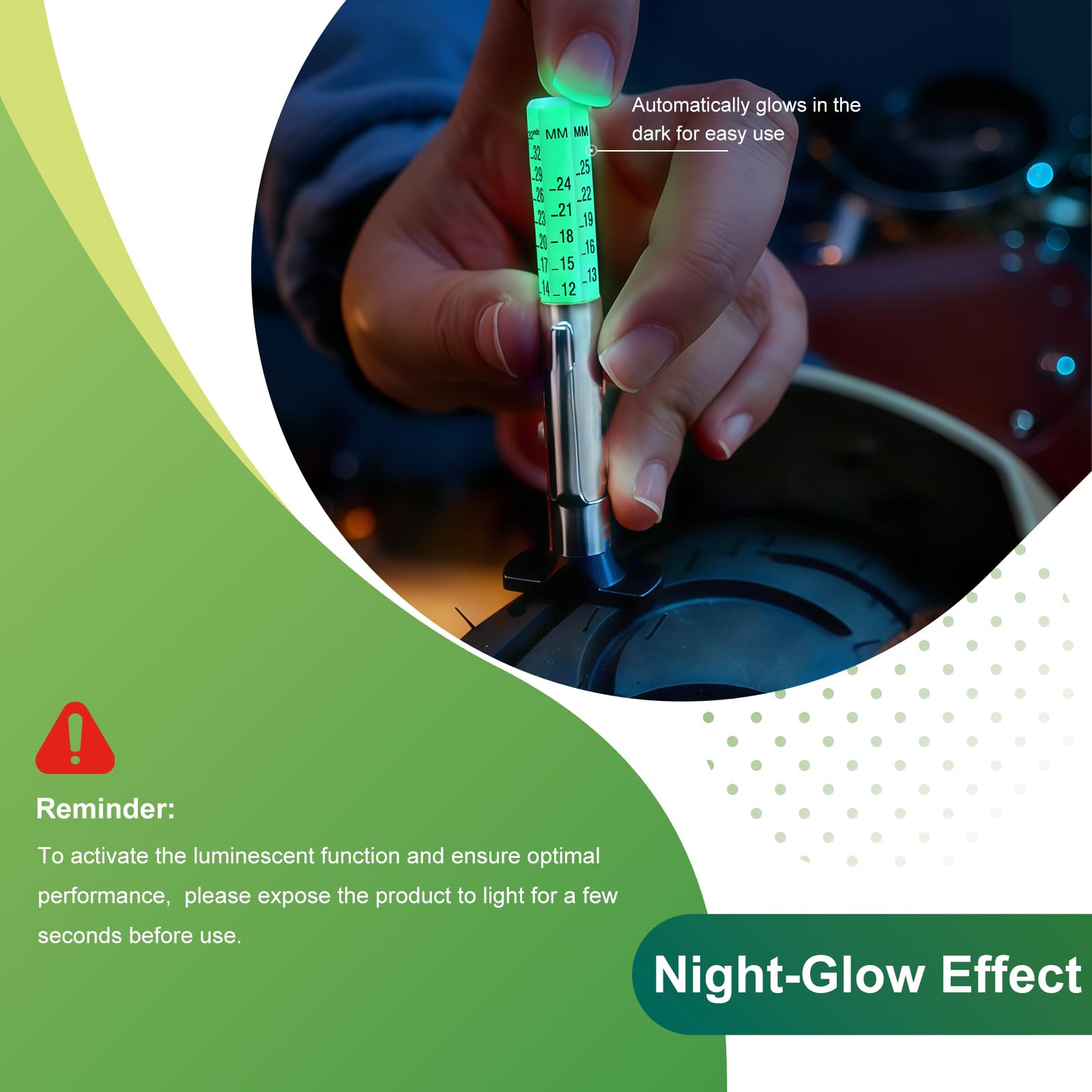 GODESON Glow Reifenprofiltiefenmesser, 6-seitig, farbcodiert, Doppelskala, Reifentiefenmesser UK (1/32 Zoll & 25 mm), mit 4 Kappen, für Auto, LKW, Motorrad