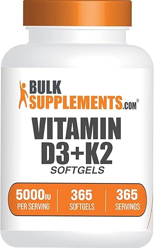 BULKSUPPLEMENTS.COM Vitamina D3 con cápsulas blandas K2 - Suplemento de vitamina K2 D3, vitamina D3 K2 5000 UI, vitamina D3 K2 - Sin gluten, 1