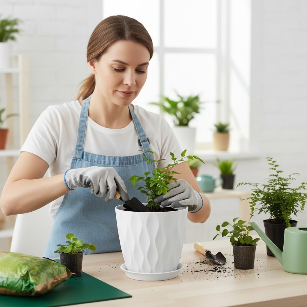 Plant Pots 8 Inch, 6 Pack Plastic Flower Pots for Indoor & Outdoor Plants, Planters with Drainage Holes and Saucer, Garden Pot for Plants (White)