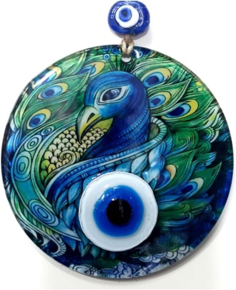 Handmade Peacock Fused Glass Evil Eye Wall Hanging - Turkish Nazar Art with Decorative Bird Design