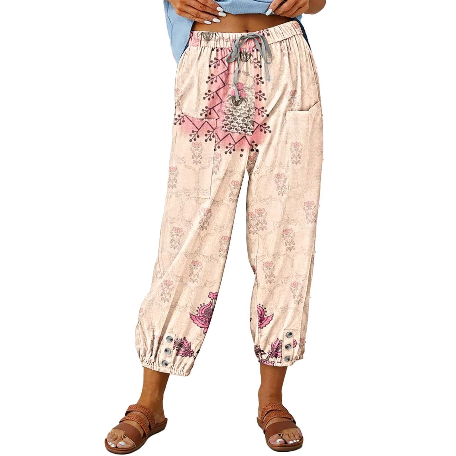 Women Capri Pants Summer Cotton Drawstring High Waist Bottom Loose Casual Cropped Trendy Fall