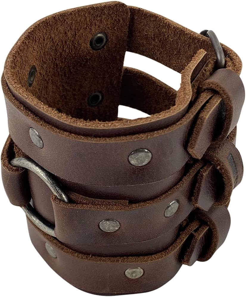 Hide & Drink, 3 Buckle Bracelet Handmade from Full Grain Leather - Men’s Fashion Accessory, Stylish, Trendy Wristband - Heavy Duty, Durable, Adjustable Cuff - Bourbon Brown