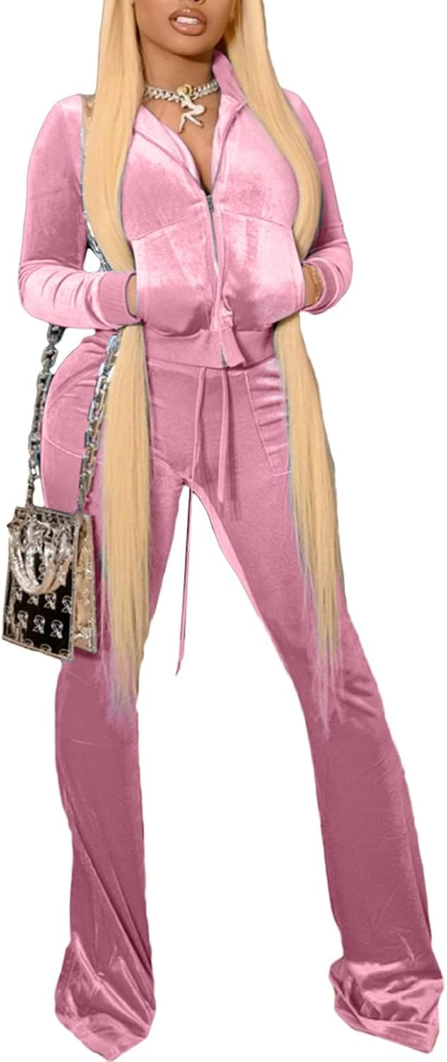 Women 2 Piece Velour Tracksuit Crop Jacket Flare Pants Set Club Outfits