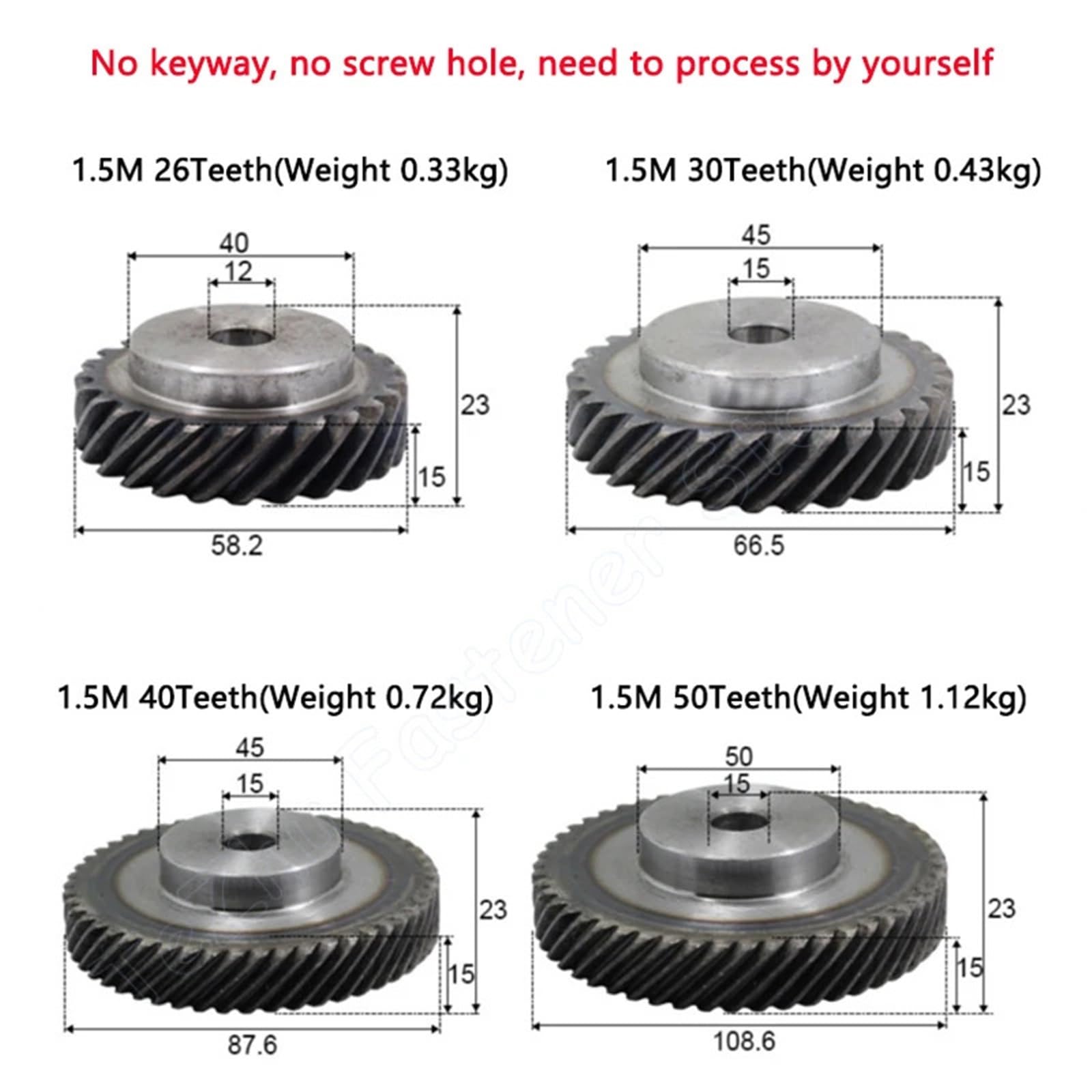 Engrenage hélicoïdal à 45 degrés à droite, 1,5 m, 26 dents, 30 dents, 40 dents, 50 dents, engrenage décalé en acier 45#, pièces de transmission, 1 pièce(26 Teeth (Bore 12mm))