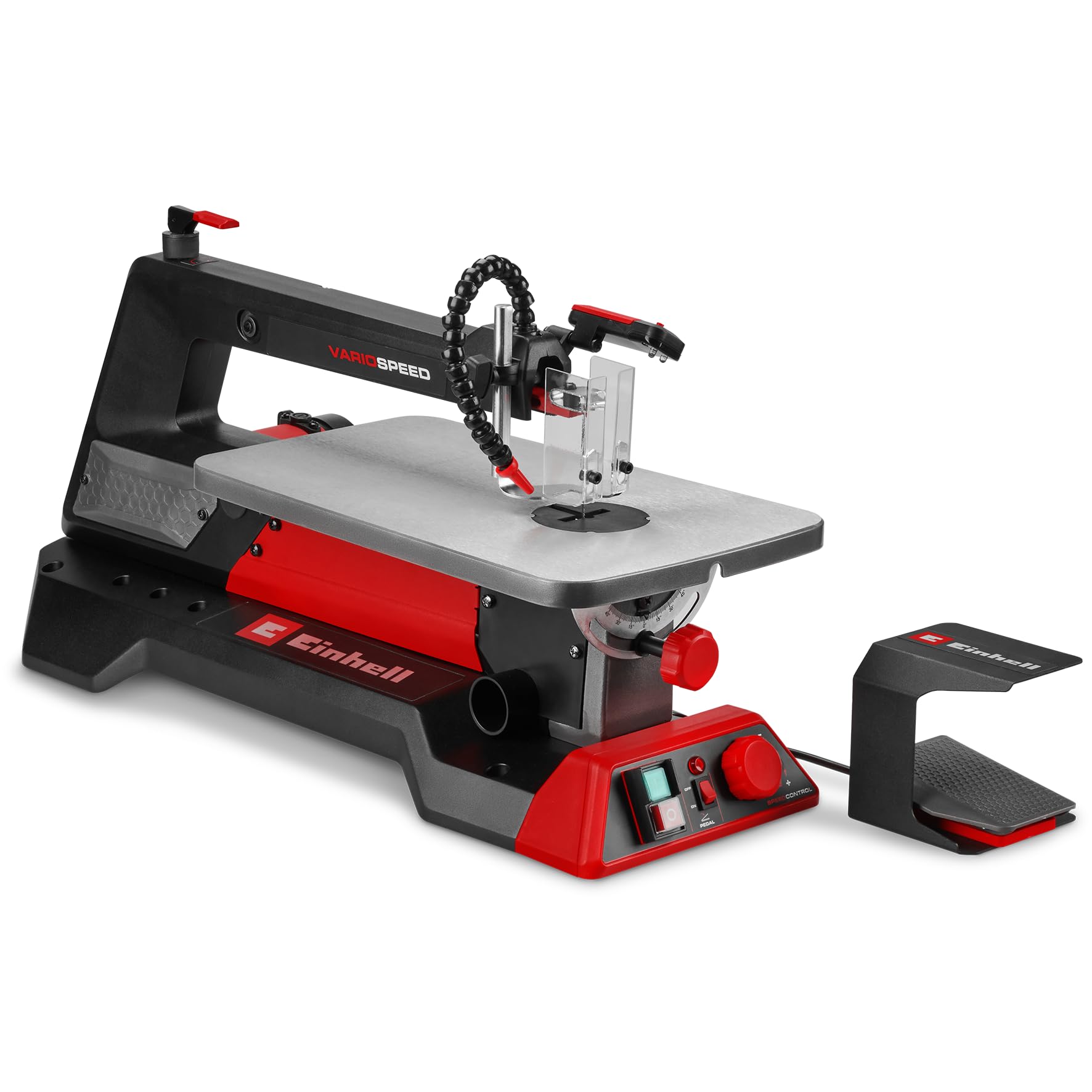 Einhell Scie à chantourner TE-SS 406 Vario FP | 130 W | hauteur 50 mm | table inclinable à 45° | Vario-Speed | pédale | LED | 2 lames