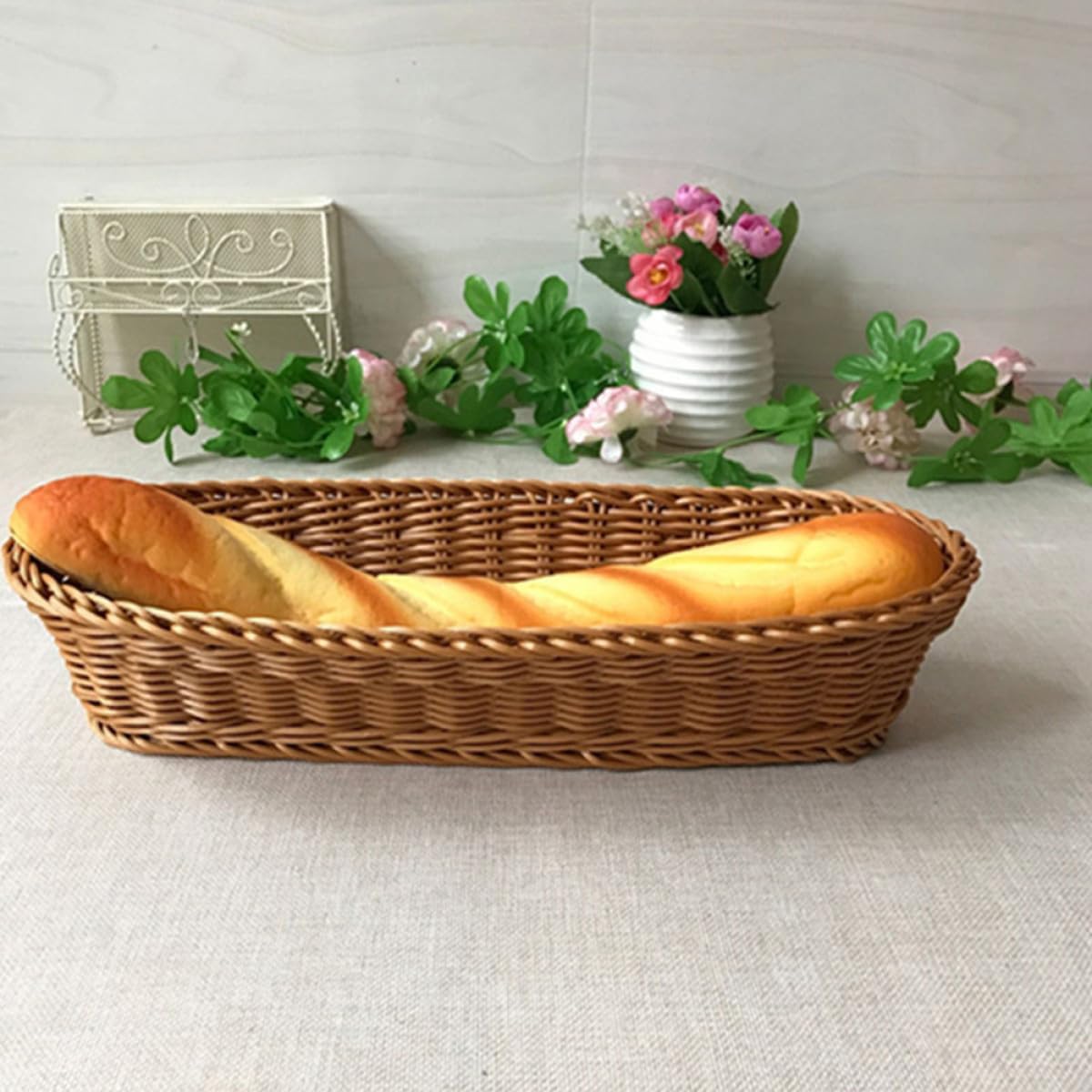 GANAZONO Imitation Rattan Woven Bread and Fruit Baskets 2pcs Set Plastic Storage Containers Kitchen Organizer for Food Serving and Pantry Storage