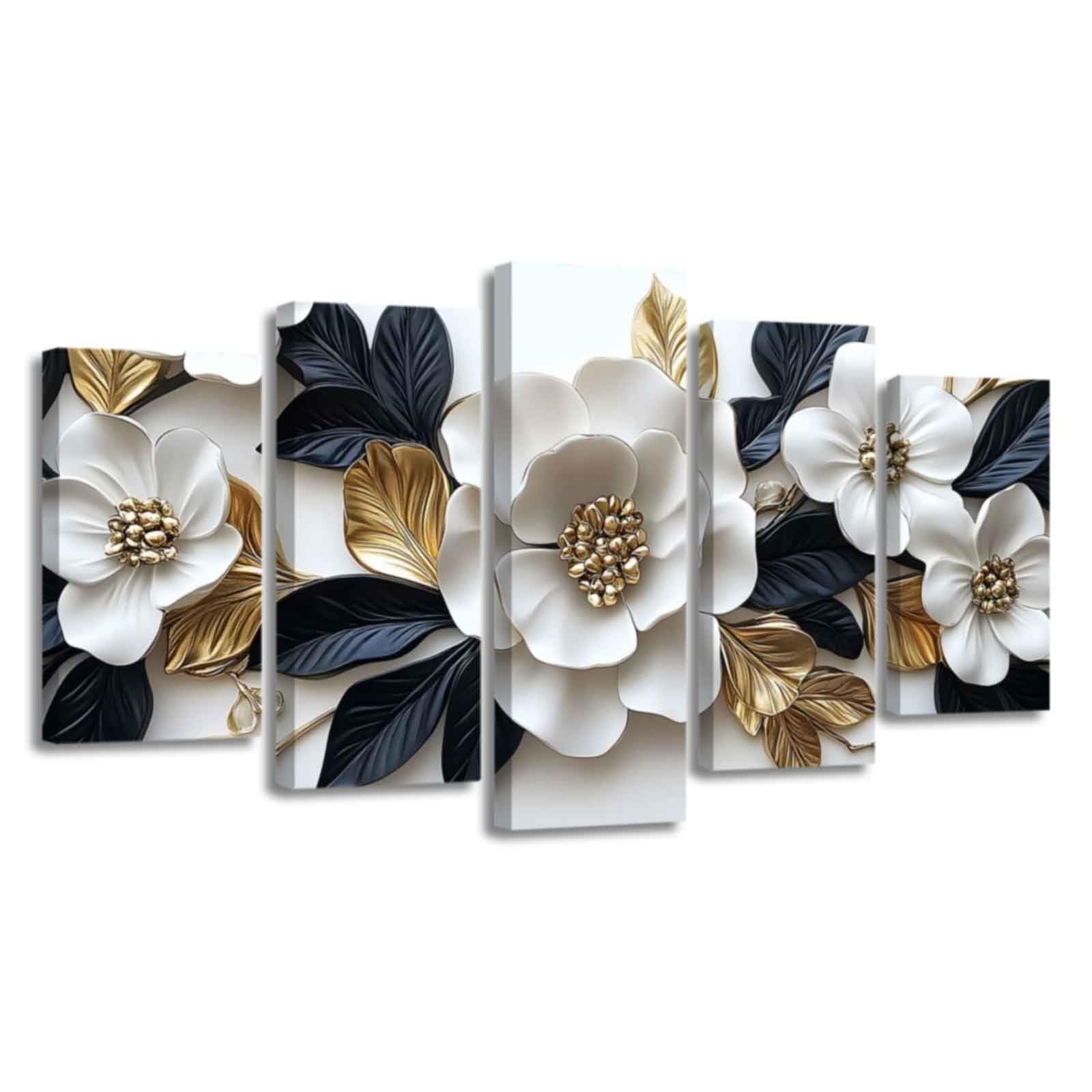 XLMDYYSW Large Canvas Wall Art for Living Room 5 Pieces White and Gold Flower Picture Botanical Floral Print Painting Modern Artwork for Bedroom Decor