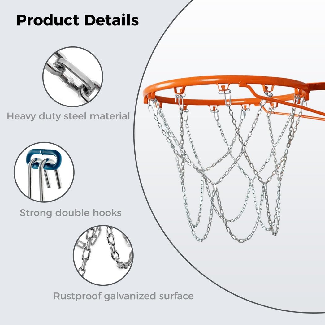 Rostbeständiges Basketballnetz mit Stahlkette, 12 Haken, Metallnetz, robustes Outdoor-Basketball-Zubehör
