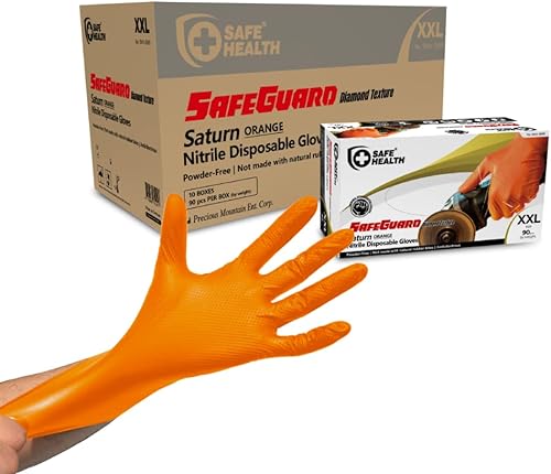 Safe Health Guantes desechables industriales de nitrilo, color negro, 6 mil, naranja de 8 mil, textura de diamante