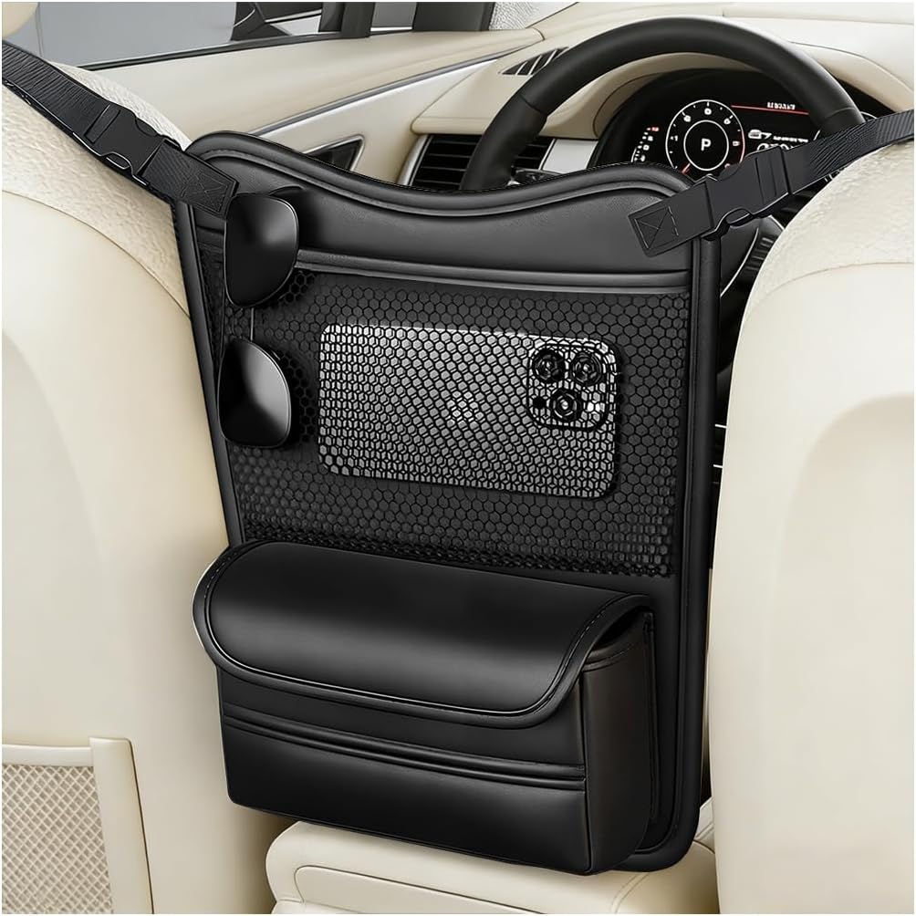 Osilly Car Handbag Holder Between Seats, Leather Vehicle Headrest Hanging Storage Bag, Large Capacity Automotive Interior Organizer Accessories for Phone Document Pouch, Universal Fit (Black)