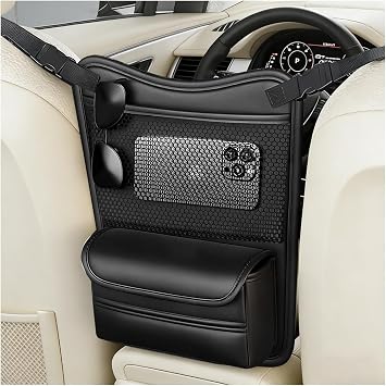 Osilly Car Handbag Holder Between Seats, Leather Vehicle Headrest Hanging Storage Bag, Large Capacity Automotive Interior Organizer Accessories for Phone Document Pouch, Universal Fit Black
