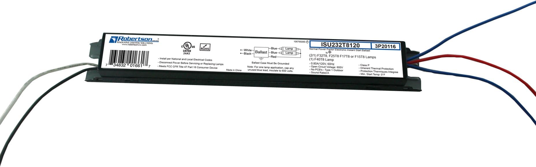 Robertson ISU232T8120 (3P20116) Electronic Fluorescent Ballast, for 1 or 2 T8 Fluorescent Lamps Between 17W-32W (F17T8 Through F32T8) or 1 F40T8 Lamp, Instant Start, 120V (Qty 1)