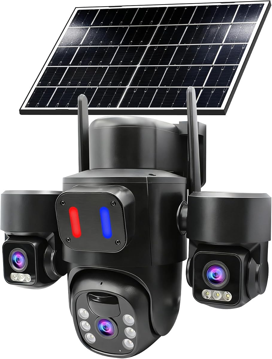 Solar Cameras Wireless Outdoor 3 Lens 360º Coverage of Yard, Garden, Garage | Colar Night Vision, PIR Human Detection & Auto Tracking, Light & Siren Alarm, Two-way Audio, Local Storage No Monthly Fee